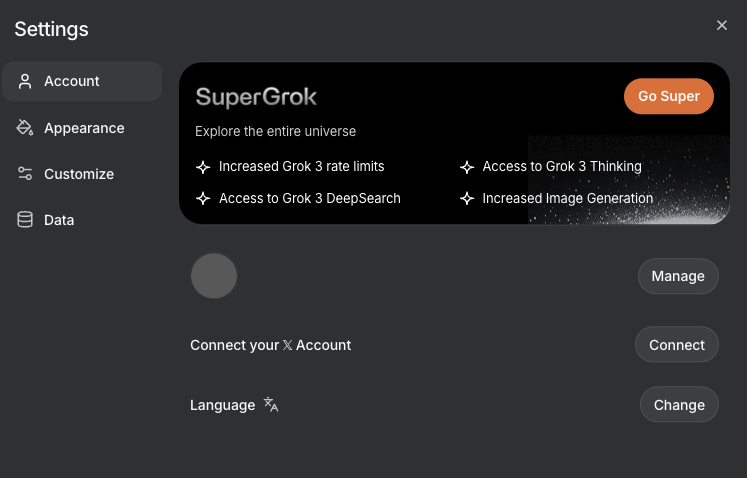 Grok Website settings to connect X account